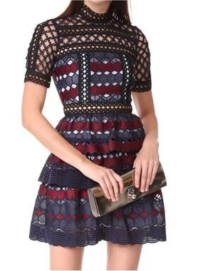 Self-Portrait Navy, Burgundy & Black Lace Fit-and-Flare Mini Dress